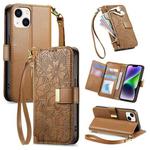 For iPhone 14 Plus Flowers Leaves Zipper Wallet Leather Phone Case with Strap(Brown)