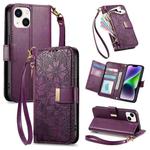 For iPhone 14 Plus Flowers Leaves Zipper Wallet Leather Phone Case with Strap(Purple)