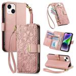 For iPhone 14 Plus Flowers Leaves Zipper Wallet Leather Phone Case with Strap(Pink)