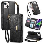 For iPhone 14 Plus Flowers Leaves Zipper Wallet Leather Phone Case with Strap(Black)