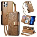 For iPhone 13 Pro Flowers Leaves Zipper Wallet Leather Phone Case with Strap(Brown)
