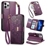 For iPhone 13 Pro Flowers Leaves Zipper Wallet Leather Phone Case with Strap(Purple)
