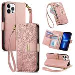 For iPhone 13 Pro Flowers Leaves Zipper Wallet Leather Phone Case with Strap(Pink)