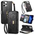 For iPhone 13 Pro Flowers Leaves Zipper Wallet Leather Phone Case with Strap(Black)
