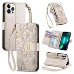 For iPhone 13 Pro Max Flowers Leaves Zipper Wallet Leather Phone Case with Strap(Khaki)