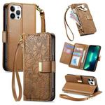 For iPhone 13 Pro Max Flowers Leaves Zipper Wallet Leather Phone Case with Strap(Brown)