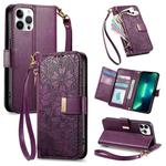 For iPhone 13 Pro Max Flowers Leaves Zipper Wallet Leather Phone Case with Strap(Purple)