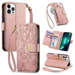 For iPhone 13 Pro Max Flowers Leaves Zipper Wallet Leather Phone Case with Strap(Pink)