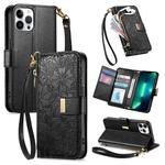 For iPhone 13 Pro Max Flowers Leaves Zipper Wallet Leather Phone Case with Strap(Black)