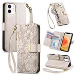 For iPhone 12 / 12 Pro Flowers Leaves Zipper Wallet Leather Phone Case with Strap(Khaki)