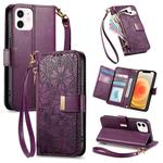 For iPhone 12 / 12 Pro Flowers Leaves Zipper Wallet Leather Phone Case with Strap(Purple)