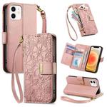 For iPhone 12 / 12 Pro Flowers Leaves Zipper Wallet Leather Phone Case with Strap(Pink)