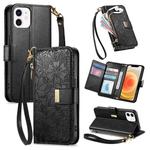 For iPhone 12 / 12 Pro Flowers Leaves Zipper Wallet Leather Phone Case with Strap(Black)
