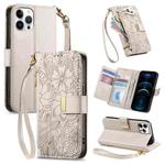 For iPhone 12 Pro Max Flowers Leaves Zipper Wallet Leather Phone Case with Strap(Khaki)