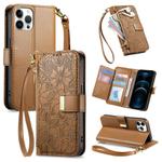 For iPhone 12 Pro Max Flowers Leaves Zipper Wallet Leather Phone Case with Strap(Brown)