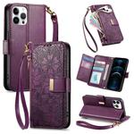 For iPhone 12 Pro Max Flowers Leaves Zipper Wallet Leather Phone Case with Strap(Purple)
