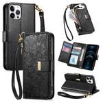 For iPhone 12 Pro Max Flowers Leaves Zipper Wallet Leather Phone Case with Strap(Black)