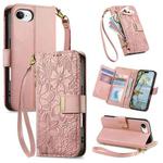 For iPhone 16e Flowers Leaves Zipper Wallet Leather Phone Case with Strap(Pink)