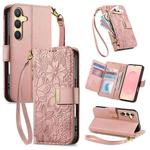 For Samsung Galaxy S25 5G Flowers Leaves Zipper Wallet Leather Phone Case with Strap(Pink)