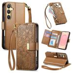 For Samsung Galaxy S25+ 5G Flowers Leaves Zipper Wallet Leather Phone Case with Strap(Brown)