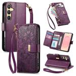 For Samsung Galaxy S25+ 5G Flowers Leaves Zipper Wallet Leather Phone Case with Strap(Purple)