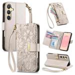 For Samsung Galaxy S25+ 5G Flowers Leaves Zipper Wallet Leather Phone Case with Strap(Khaki)