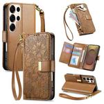 For Samsung Galaxy S25 Ultra 5G Flowers Leaves Zipper Wallet Leather Phone Case with Strap(Brown)