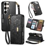 For Samsung Galaxy S25 Ultra 5G Flowers Leaves Zipper Wallet Leather Phone Case with Strap(Black)