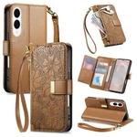 For Samsung Galaxy S25 Edge 5G Flowers Leaves Zipper Wallet Leather Phone Case with Strap(Brown)