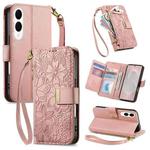For Samsung Galaxy S25 Edge 5G Flowers Leaves Zipper Wallet Leather Phone Case with Strap(Pink)