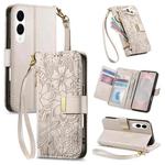 For Samsung Galaxy S25 Edge 5G Flowers Leaves Zipper Wallet Leather Phone Case with Strap(Khaki)