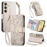 For Samsung Galaxy S24+ 5G Flowers Leaves Zipper Wallet Leather Phone Case with Strap(Khaki)