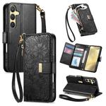 For Samsung Galaxy S24+ 5G Flowers Leaves Zipper Wallet Leather Phone Case with Strap(Black)