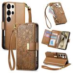 For Samsung Galaxy S24 Ultra 5G Flowers Leaves Zipper Wallet Leather Phone Case with Strap(Brown)
