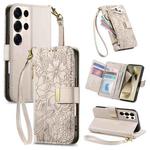For Samsung Galaxy S24 Ultra 5G Flowers Leaves Zipper Wallet Leather Phone Case with Strap(Khaki)