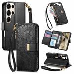 For Samsung Galaxy S24 Ultra 5G Flowers Leaves Zipper Wallet Leather Phone Case with Strap(Black)