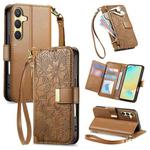 For Samsung Galaxy S24 FE 5G Flowers Leaves Zipper Wallet Leather Phone Case with Strap(Brown)