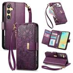 For Samsung Galaxy S24 FE 5G Flowers Leaves Zipper Wallet Leather Phone Case with Strap(Purple)
