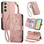 For Samsung Galaxy S24 FE 5G Flowers Leaves Zipper Wallet Leather Phone Case with Strap(Pink)