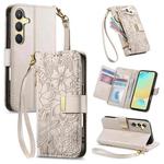 For Samsung Galaxy S24 FE 5G Flowers Leaves Zipper Wallet Leather Phone Case with Strap(Khaki)