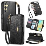 For Samsung Galaxy S24 FE 5G Flowers Leaves Zipper Wallet Leather Phone Case with Strap(Black)
