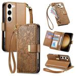 For Samsung Galaxy S23 5G Flowers Leaves Zipper Wallet Leather Phone Case with Strap(Brown)