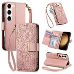 For Samsung Galaxy S23+ 5G Flowers Leaves Zipper Wallet Leather Phone Case with Strap(Pink)