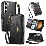 For Samsung Galaxy S23+ 5G Flowers Leaves Zipper Wallet Leather Phone Case with Strap(Black)