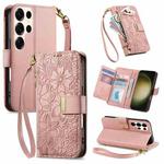For Samsung Galaxy S23 Ultra 5G Flowers Leaves Zipper Wallet Leather Phone Case with Strap(Pink)