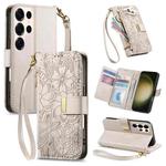 For Samsung Galaxy S23 Ultra 5G Flowers Leaves Zipper Wallet Leather Phone Case with Strap(Khaki)
