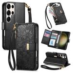 For Samsung Galaxy S23 Ultra 5G Flowers Leaves Zipper Wallet Leather Phone Case with Strap(Black)