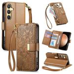 For Samsung Galaxy S23 FE 5G Flowers Leaves Zipper Wallet Leather Phone Case with Strap(Brown)