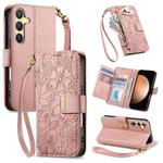 For Samsung Galaxy S23 FE 5G Flowers Leaves Zipper Wallet Leather Phone Case with Strap(Pink)