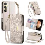 For Samsung Galaxy S23 FE 5G Flowers Leaves Zipper Wallet Leather Phone Case with Strap(Khaki)
